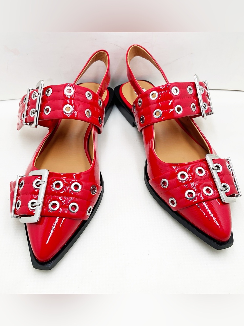 {Steve Madden} Graya Red Patent Studded Buckle Slingback Flats - Picture 14 of 16